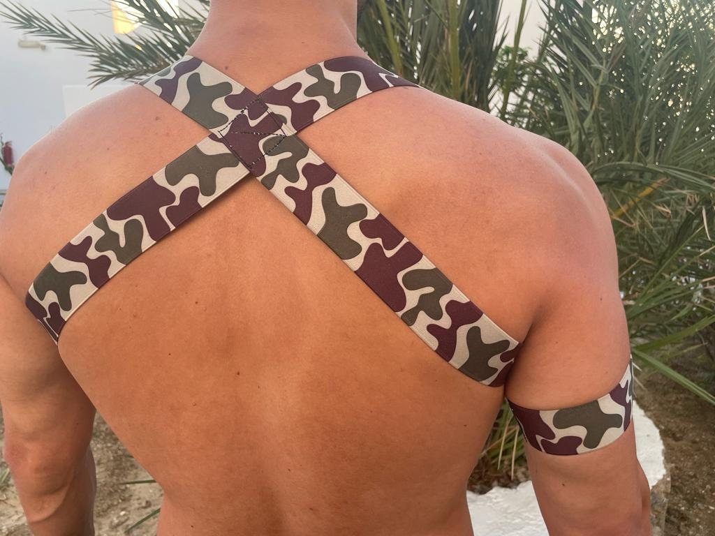 Military fetish elastic party pride gay male harness +two 2 arm bands