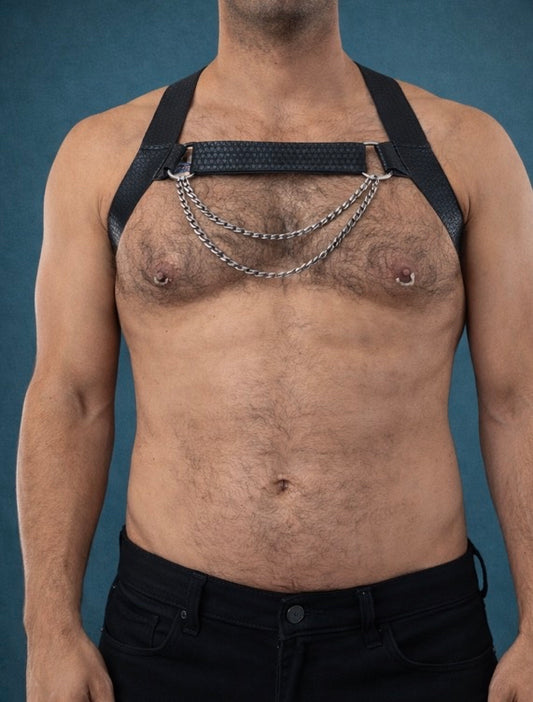 Elastic fetish eco leather gay harness with metal chains.