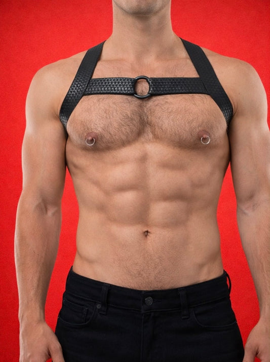 Elastic fetish eco leather gay harness with plastic ring in the middle of the chest.