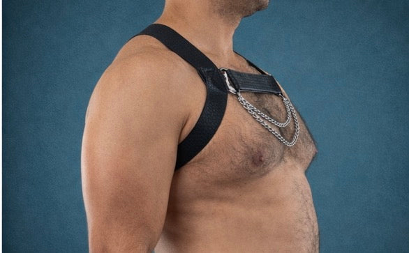 Elastic fetish eco leather gay harness with metal chains.