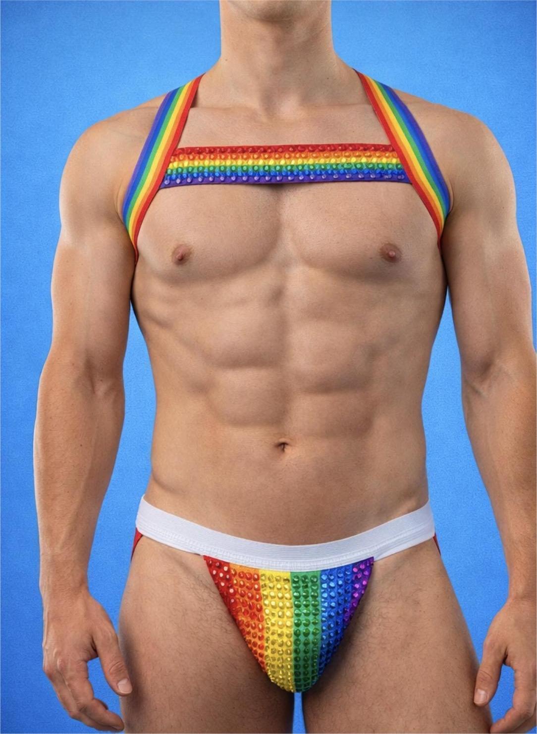 Rainbow elastic pride harness with stones