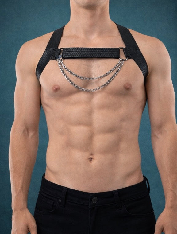 Elastic fetish eco leather gay harness with metal chains.