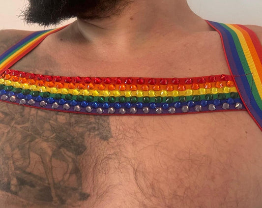 Rainbow elastic pride harness with stones