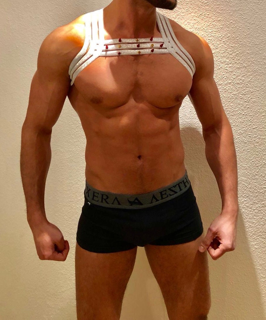 White Elastic Chest Harness: Gay Pride Clubwear