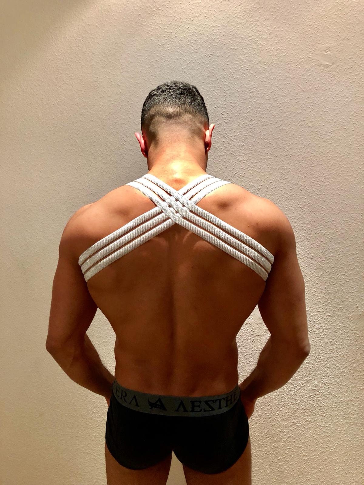 White Elastic Chest Harness: Gay Pride Clubwear