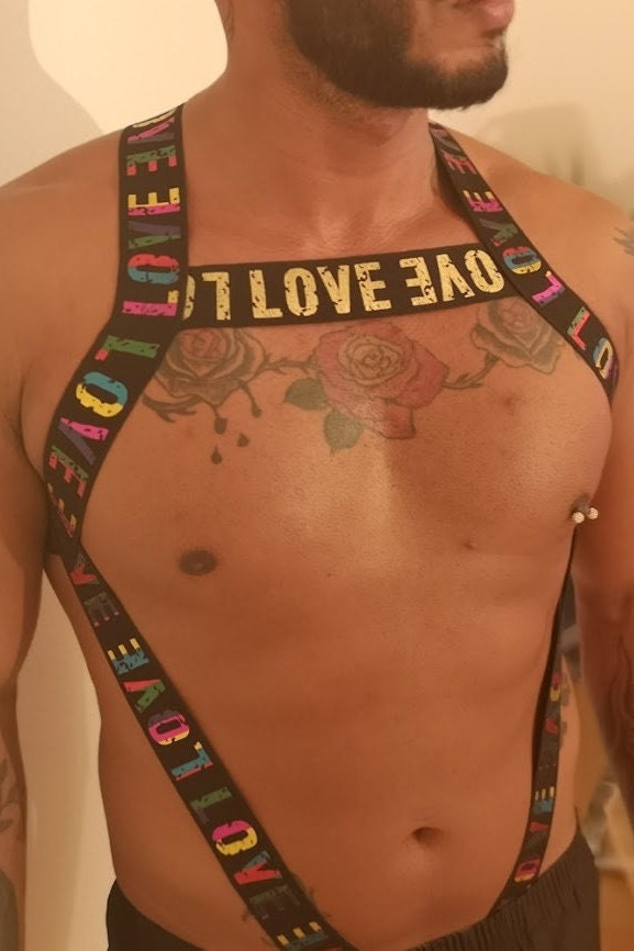 Rainbow 'Love' Elastic Chest Harness - Gay Pride Outfit