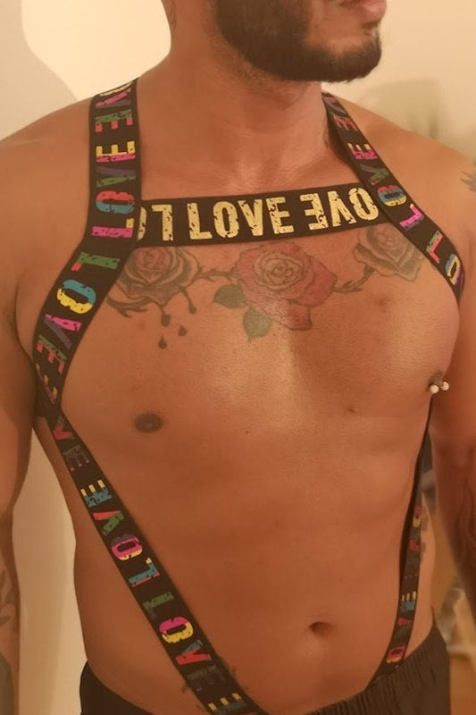Rainbow 'Love' Elastic Chest Harness - Gay Pride Outfit
