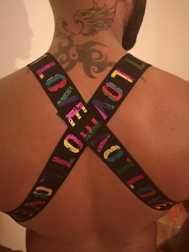 Rainbow 'Love' Elastic Chest Harness - Gay Pride Outfit
