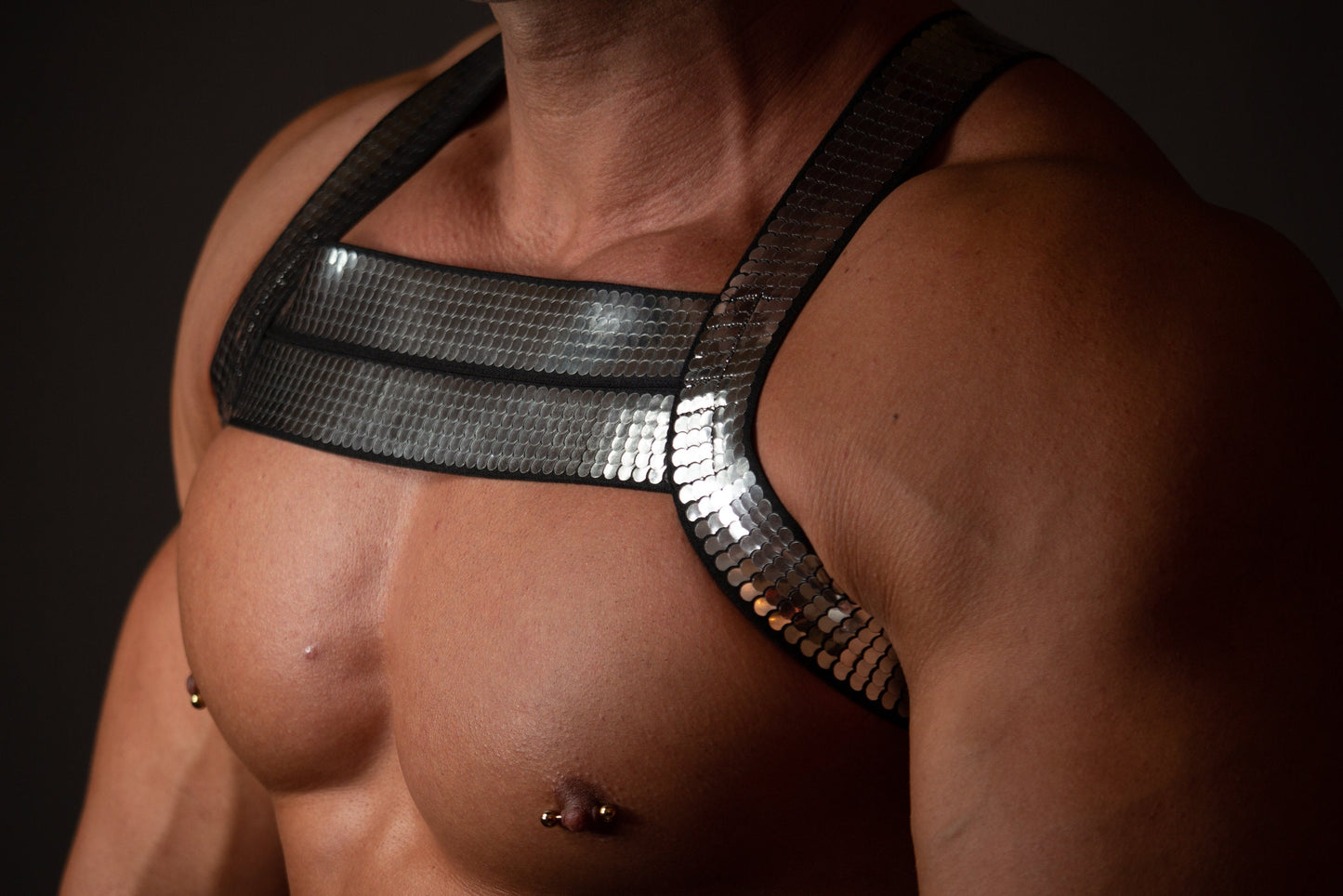 Silver Shield Elastic Shoulder Harness: Gay Pride Clubwear