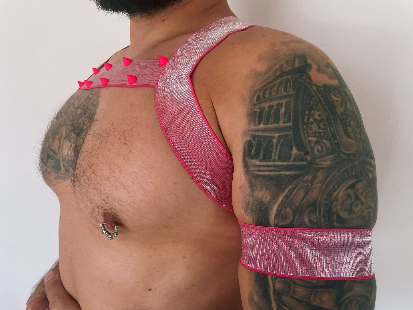 Shiny sexy pink elastic male harness gay pride party outfit GBLTQ