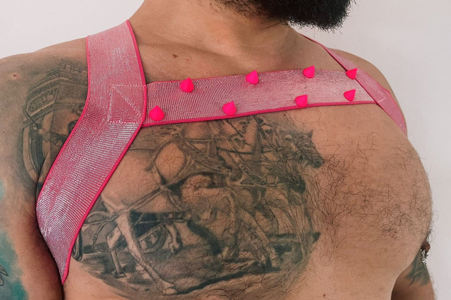 Shiny sexy pink elastic male harness gay pride party outfit GBLTQ