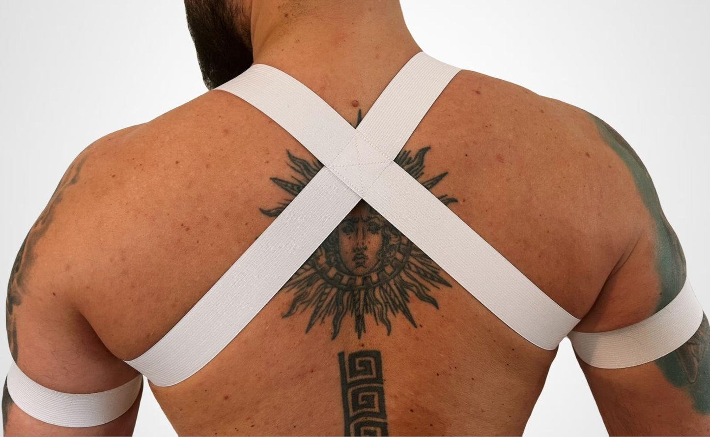 Elastic white party pride male gay harness outfit + two (2) armbands