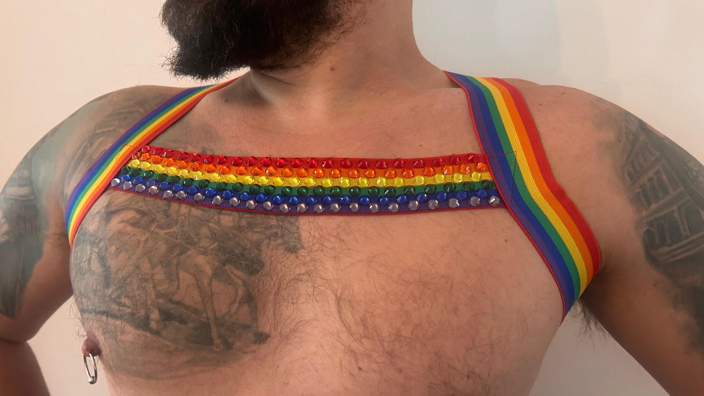 Rainbow elastic pride harness with stones