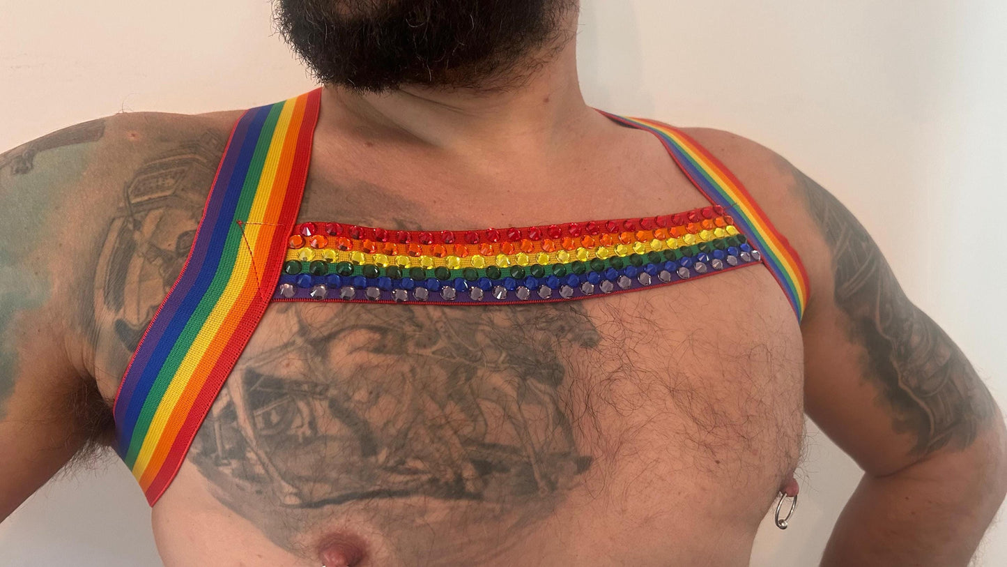 Rainbow elastic pride harness with stones